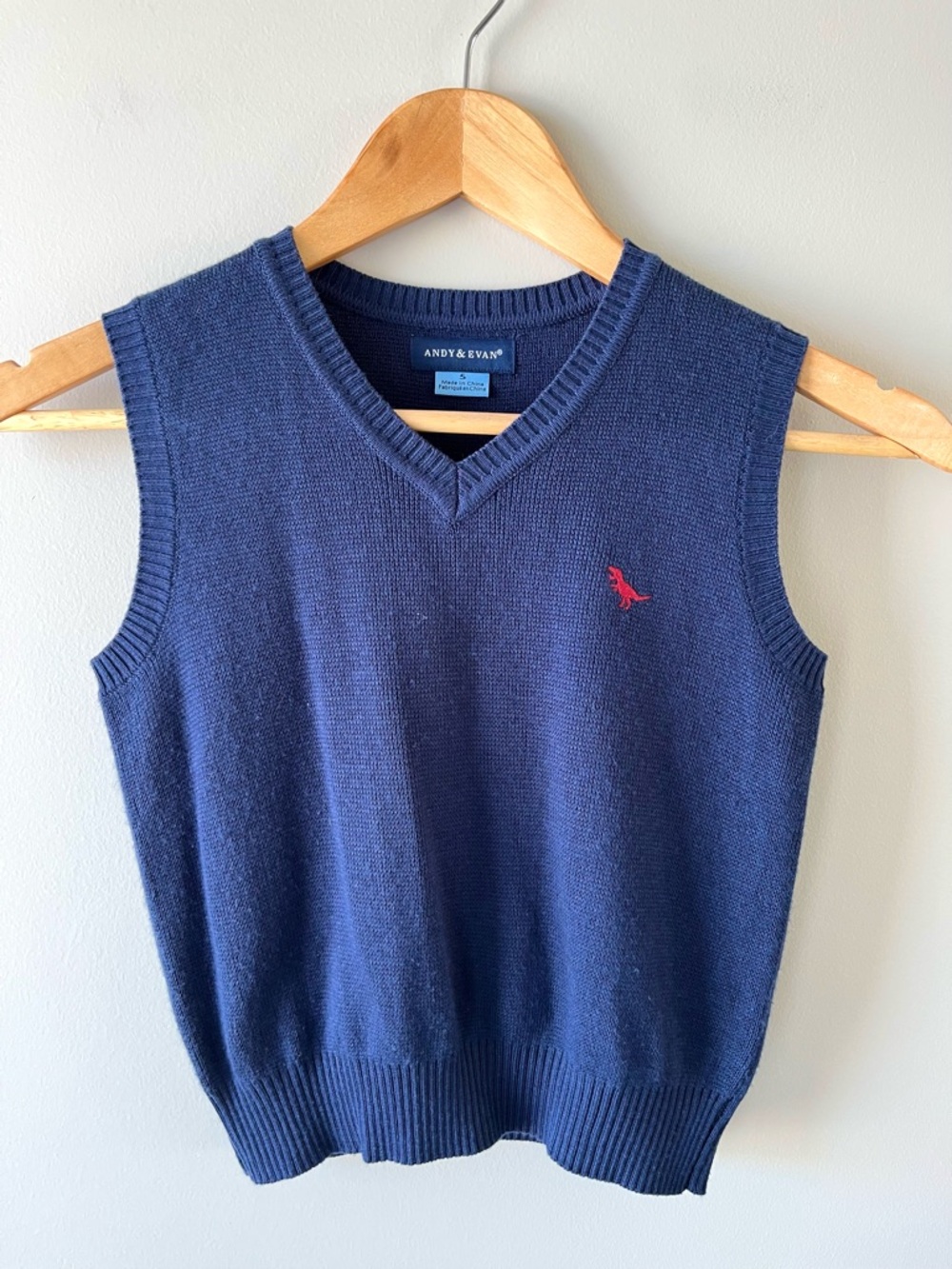 Andy & Evan Boys(Jr) Navy V-Neck Sweater Vest with Red Embroidered Dino Size 5